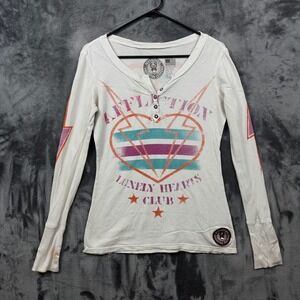 Affliction Henley Shirt Womens Medium White Lonely Hearts Club Waffle Thermal